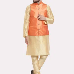 Kaifoo Men Gold-Toned Layered Kurta with Churidar Nehru Jacket-98