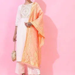 Vishudh Women Cream-Coloured Yoke Design Panelled Kurti with Trousers & Dupatta-picture-1