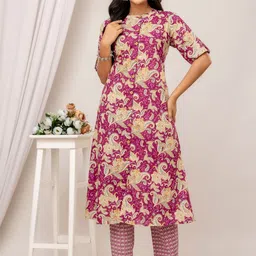 Kohsh Ethnic Motifs Printed Pure Cotton A-Line Kurta With Trousers-picture-5
