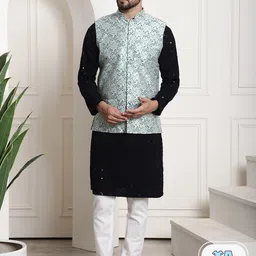 SOJANYA Ethnic Motifs Embroidered Pure Cotton Kurta And Churidar With Nehru jacket-38