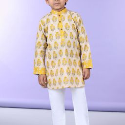 Sangria Boys Yellow Floral Printed Pure Cotton Straight Kurta With Pyjama-49