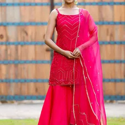 GILLORI Floral Embroidered Mirror Work Kurti with Sharara & Dupatta-picture-40