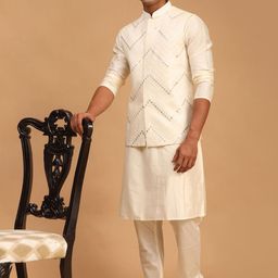 SHRESTHA BY VASTRAMAY Men Cream-Coloured Kurta & Churidar With Mirror Work Jacket Set-picture-24