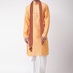 SG LEMAN Men Orange Paisley Raw Silk Kurta with Pyjamas & With Dupatta-image-50