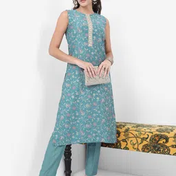 Vishudh Blue Woven Design Sleeveless Straight Kurta with Trousers-picture-16
