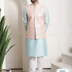 SOJANYA Ethnic Motifs Printed Kurta With Churidar & Nehru Jacket-picture-21