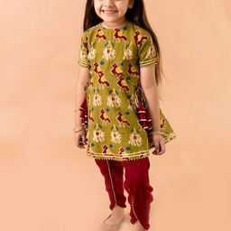 Fairies Forever Girls Green Ethnic Motifs Printed Gotta Patti Pure Cotton Kurti with Trousers-image-110