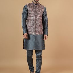 Wintage Mandarin Collar Straight Kurta & Pyjamas With Nehru Jacket-image-109