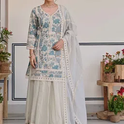 KARAJ JAIPUR Floral Printed Regular Thread Work Pure Cotton Kurta with Skirt & Dupatta-image-26