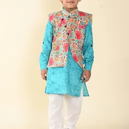 LIL PITAARA Boys Floral Printed Regular Pure Cotton Kurta With Pyjamas & Nehru Jacket-14