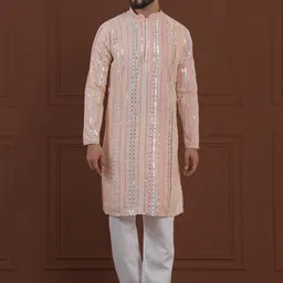 SOJANYA LUXE  Striped Embroidered Mirror Work Straight Kurta With Pyjama-image-18