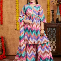 BAESD Girls Chevron Printed Pure Silk A-Line Kurta With Sharara & Dupatta-picture-31