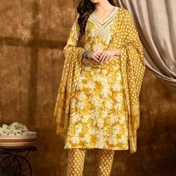 KEOSA Women Floral Printed Regular Pure Cotton Kurta with Trousers & With Dupatta-picture-32