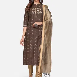 Vbuyz Women Brown Embroidered Kantha Work Kurta with Trousers & With Dupatta-picture-14