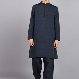 HERE&NOW Blue Striped Mandarin Collar Pure Silk Straight Kurta With Trousers-image-53