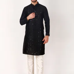 Koshin Embroidered Mandarin Collar Regular Mirror Work Straight Kurta With Pyjamas-picture-6