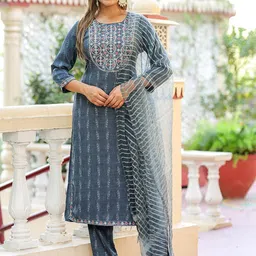 KALINI Ethnic Motifs Yoke Design Gotta Patti Detail Straight Kurta with Trousers & Dupatta-23