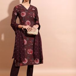 Vishudh Brown Floral Printed Regular Straight Kurta With Trousers & Dupatta-55