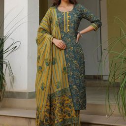NAINVISH Floral Printed Round Neck Straight Kurta With Trousers And Dupatta-53