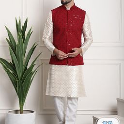 SOJANYA Ethnic Motifs Printed Sequinned Regular Kurta With Churidar & Nehru Jacket-picture-1