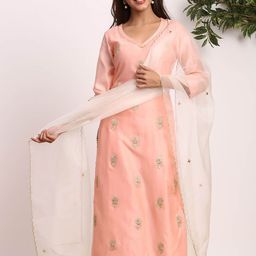 GILLORI Ethnic Motifs Embroidered Gotta Patti Chanderi Silk Kurta with Palazzos-53