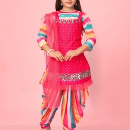BAESD Girls Striped Printed Mirror Work Detailed Pure Silk Kurta & Patiala with Dupatta-image-29