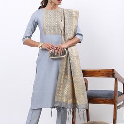 KETCH Ethnic Motifs Yoke Design Zari Regular Kurta with Trousers & With Dupatta-22