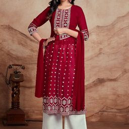 Sangria Embroidered Mirror Work Naira Cut Kurta With Palazzo & Dupatta-image-3