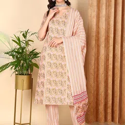 KALINI Floral Printed Regular Pure Cotton Kurta With Trousers & Dupatta-picture-2