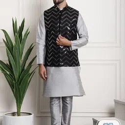 SOJANYA Mandarin Collar Regular Kurta With Pyjamas & Embellished Nehru Jacket-0