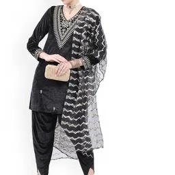 KETCH Women Floral Embroidered Velvet Kurta with Dhoti Pants & With Dupatta-picture-48
