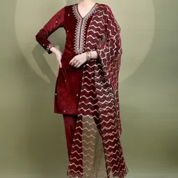 Vishudh Women Embroidered Knited Velvet Kurta & Trousers with Dupatta-picture-44