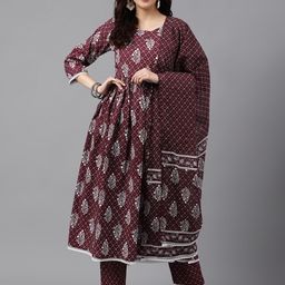 KALINI Ethnic Motifs Printed Pure Cotton Anarkali Kurta With Trousers & Dupatta-12