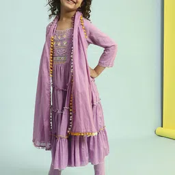 Biba Girls Floral Yoke Design Pure Cotton Anarkali Kurta With Leggings and Dupatta-picture-33