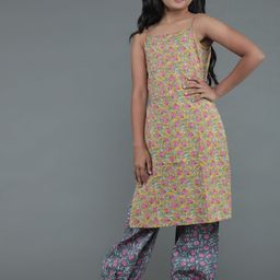 Aks Kids Girls Floral Printed Fusion Pure Cotton Kurta With Harem Pants-image-73