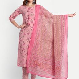 NH KAPDEWALA Floral Printed Regular Pure Cotton Kurti with Trousers & Dupatta-image-90