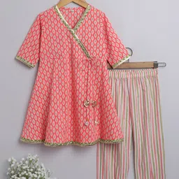 The Magic Wand Girls Peach-Coloured Printed Angrakha Gotta Patti Pure Cotton Kurta set-image-67