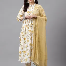 KALINI Band Collar Floral Printed Pleated Anarkali Kurta & Trousers With Dupatta-image-79