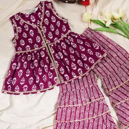 Stylo Bug Girls Ethnic Motifs Printed Empire Gotta Patti Pure Cotton Kurti With Sharara-image-16