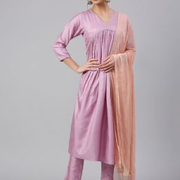 Janasya Women Mauve Poly Silk Solid Kurta with Trousers and Dupatta-30