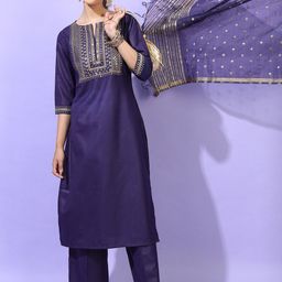 Vishudh Women Purple Embroidered Kurti with Trousers-picture-34