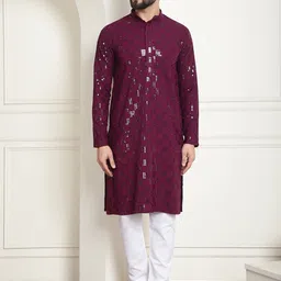 SOJANYA Geometric Embroidered Mandarin Collar Sequinned Pure Cotton Kurta & Churidar-image-36