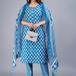 JAIPURI COLLECTION Printed Mirror Work Pure Cotton Kurta with Trousers & Dupatta-picture-34