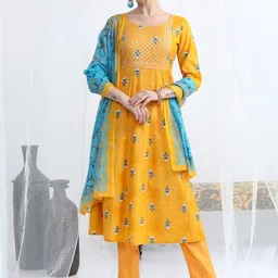 KETCH Floral Printed Thread Work A-Line Kurta with Trousers & With Dupatta-image-69