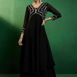 Sangria Black & Gold Toned Yoke Design Embroidered A-Line Empire Kurta With Palazzos-picture-25