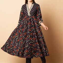 FASHOR Floral Printed V-Neck Sequinned Pure Cotton Kurta with Trousers-44