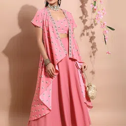 Vishudh Pink & Green Floral Printed Ethnic Top with Palazzos & Jacket-image-52