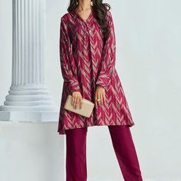 Sangria Chevron Printed A-Line Kurta With Trouser-9