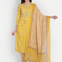 KASHEEDA Women Yellow Floral Printed Thread Work Pure Cotton Kurta with Trousers & With Dupatta-picture-15