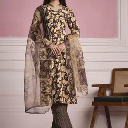 Sangria Floral Printed V-Neck Kurta With Trouser & Dupatta-53